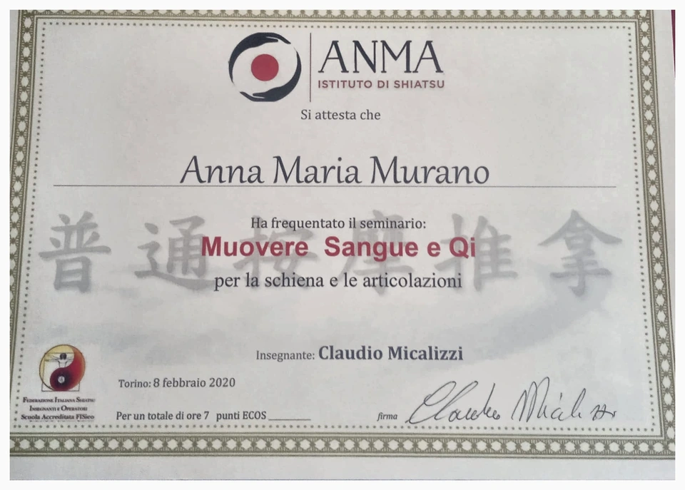 Attestato ANMA del seminario «Muovere Sangue e Qi» per schiena e articolazioni