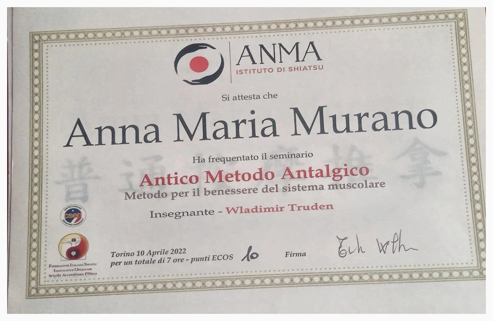 Attestato ANMA per l’Antico Metodo Antalgico, benessere del sistema muscolare