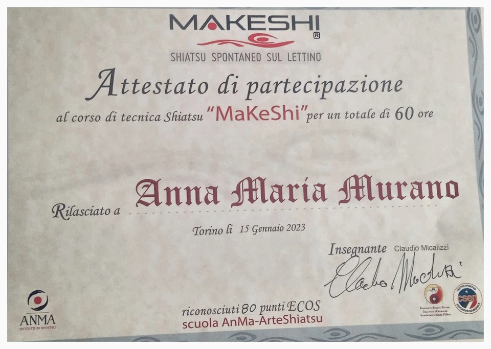 Attestato del corso di tecnica shiatsu MaKeShi